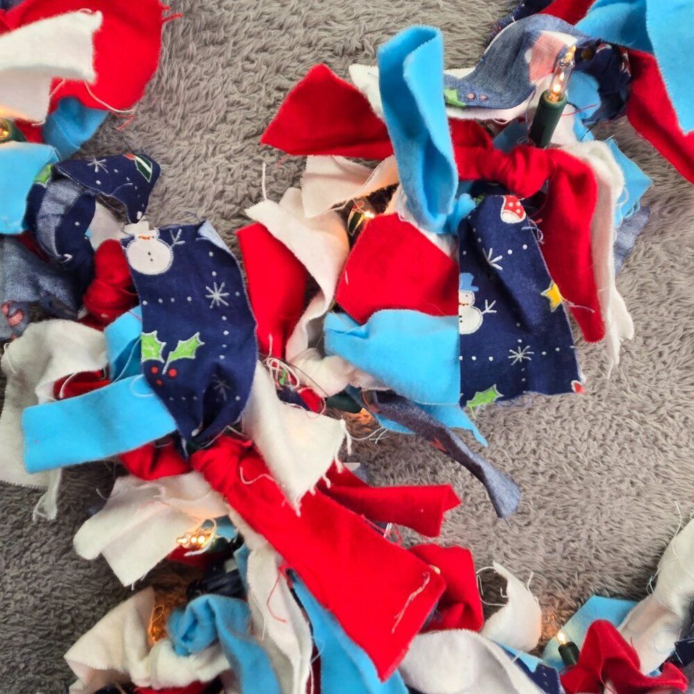 Fabric Rag Lighted Garland 11' Rustic Farmhouse Blue Red White Presents Snowman